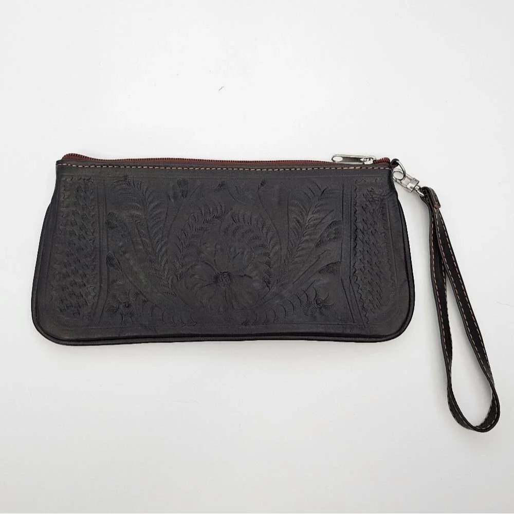 Leather embossed brown clutch wristlet